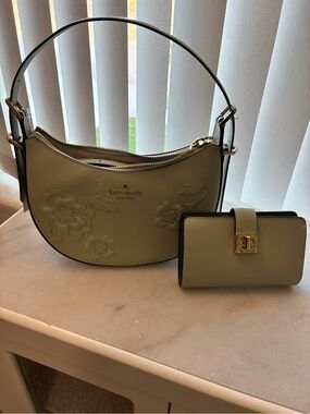 kate spade Sage green floral embossed crescent shoulder bag with matching wallet